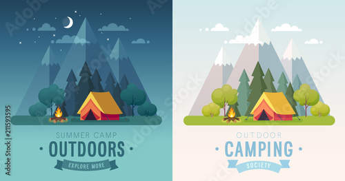 Summer Camping morning and night graphic posters. Banners with mountains, trees, tent and campfire.
