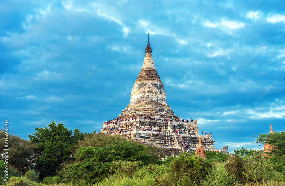 View of the ancient Shwesandaw pagoda in Bagan, Myanmar. Copy space for text.
