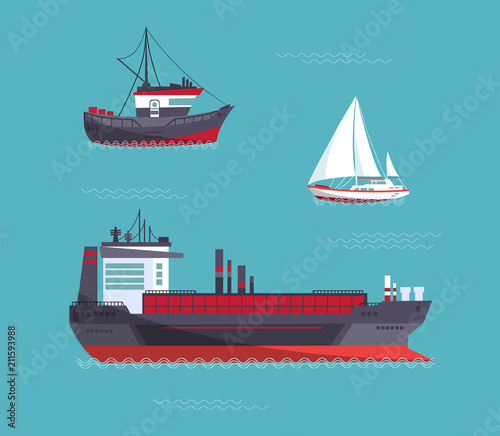 A yacht, a cargo ship, a fishing vessel in one collection. Vector illustration.