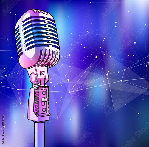 A microphone on a blue technological background is surrounded by a sound wave. Atmosphere of sound recording studio, chamber concert, night disco club or karaoke club / vector