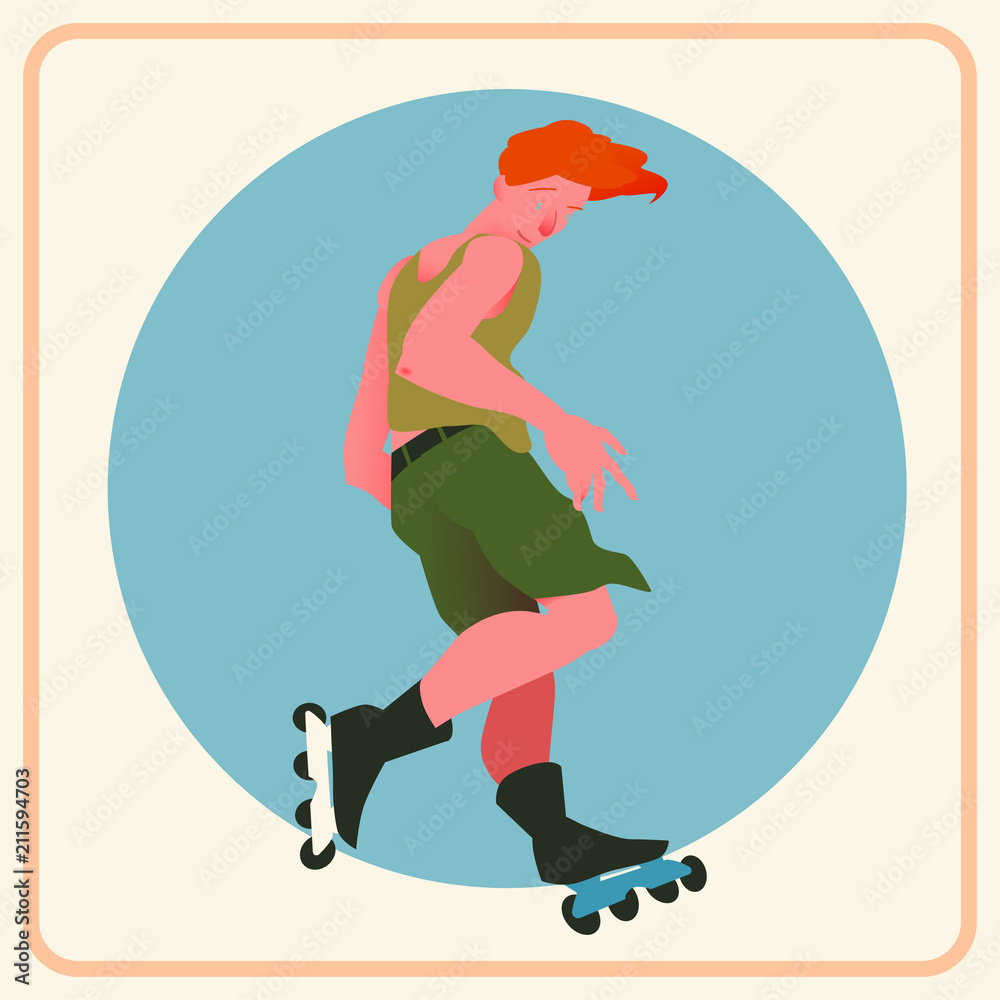 The guy with red hair on roller skates on blue circle background. The  strong expressive sportsman in the movement. A banner or a poster in flat  style with gradient. Vector illustration. Stock
