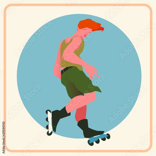 The guy with red hair on roller skates on blue circle background. The strong expressive sportsman in the movement. A banner or a poster in flat style with gradient. Vector illustration.