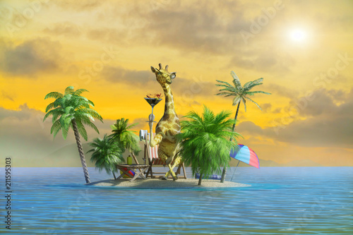 3D Illustration of a funny giraffe resting at the resort on the beach, as a symbol of tourism