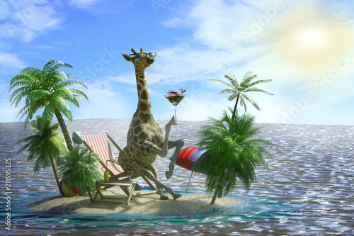 3D Illustration of a funny giraffe resting at the resort on the beach, as a symbol of tourism