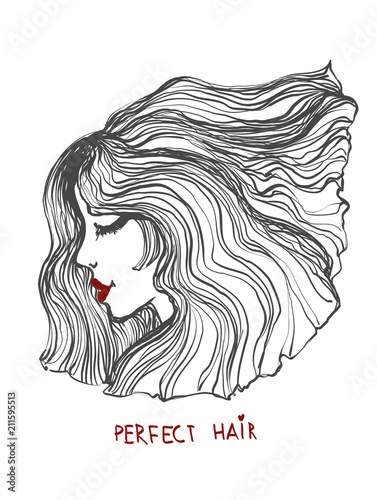 Beautiful girl with thick wavy hair. Beauty salon icon. Vector illustration line art