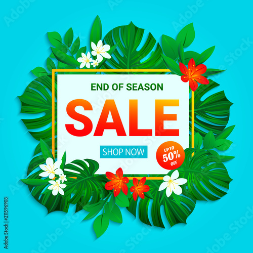 Sale banner. Summer sellout poster. Floral jungle background with exotic tropic flowers, leaves. End of the season discount vector design for shop, business, web page with text. trendy tropical style