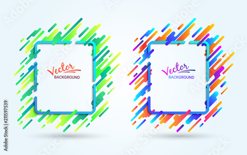 Colorful frame on white background. Dynamic motion of geometric shapes. Vibrant gradient. Futuristic abstract image. Template for the design of packaging, books, banners, invitations. Vector.