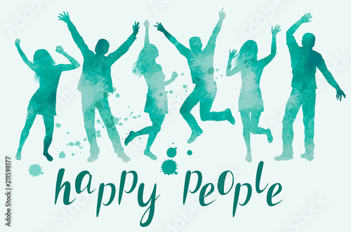 Watercolor Illustration with happy people silhouettes