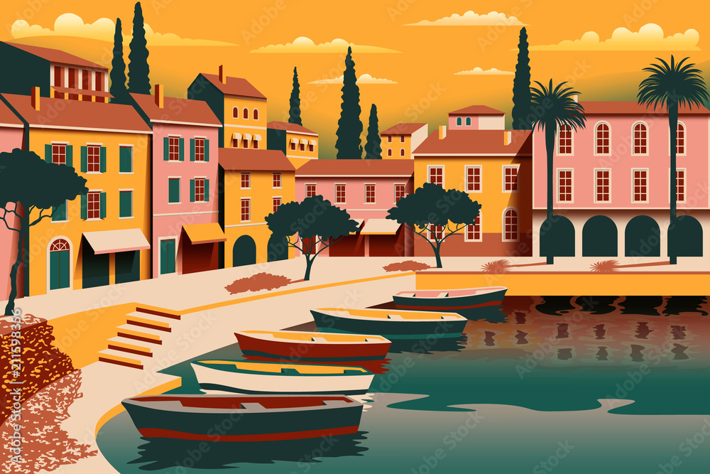 Mediterranean romantic landscape. Handmade drawing vector illustration ...