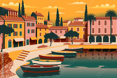 Mediterranean romantic landscape. Handmade drawing vector illustration. Can be used for posters, banners, postcards, books & etc.