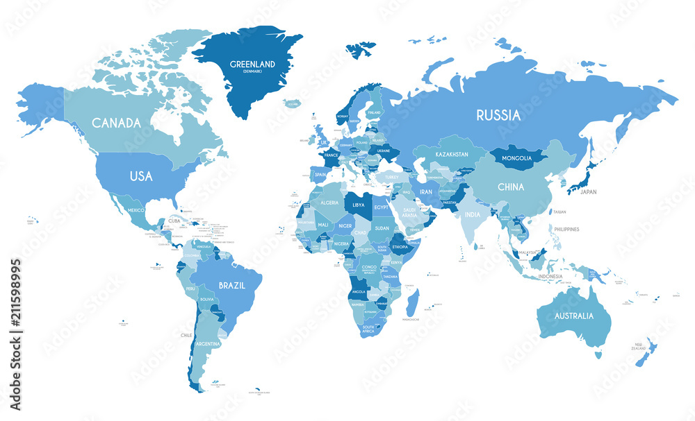 Obraz premium Polityczna mapa świata ilustracji wektorowych z różnych odcieni niebieskiego dla każdego kraju. Edytowalne i wyraźnie oznaczone warstwy.