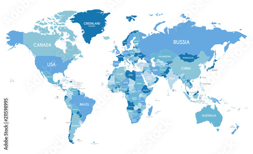 Fototapeta Polityczna mapa świata z różnymi odcieniami niebieskiego na wymiar