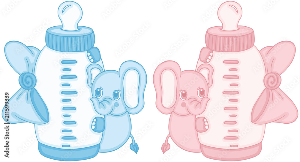 Blue and pink cute elephant with baby milk bottle Stock Vector | Adobe ...
