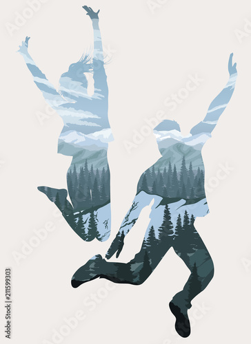 Double exposure, happy jumping people silhouettes