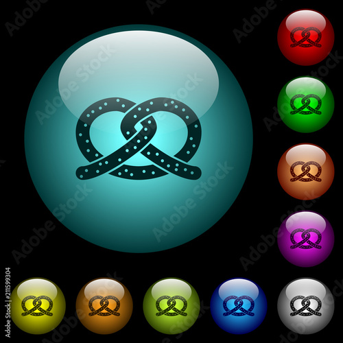 Salted pretzel icons in color illuminated glass buttons