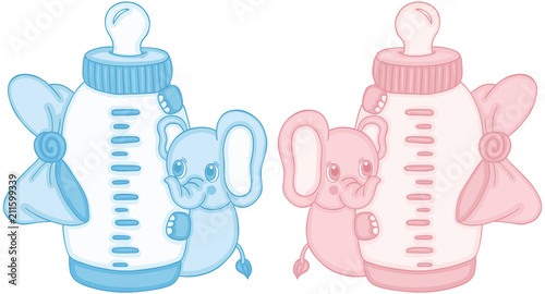 Blue and pink cute elephant with baby milk bottle
