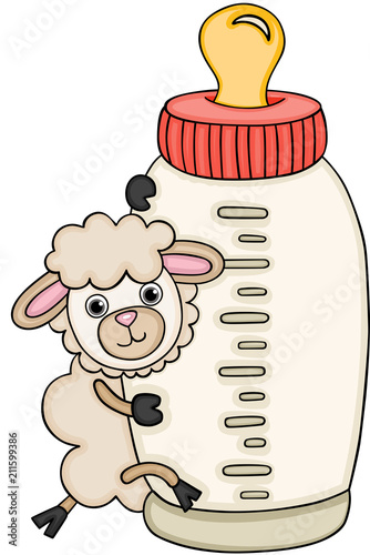 Cute sheep with baby milk bottle
