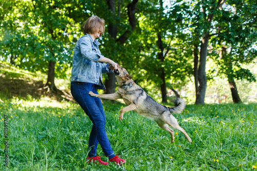 Photo of woman with stick on walk with dog on green lawn