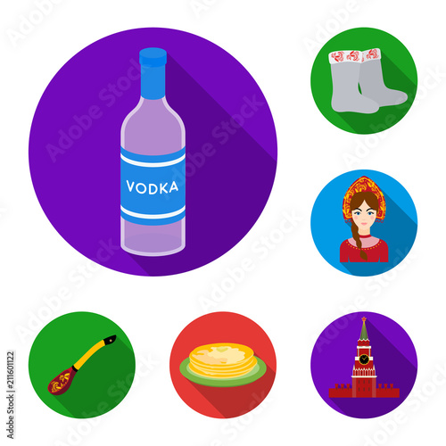 Country Russia, travel flat icons in set collection for design. Attractions and features vector symbol stock web illustration.