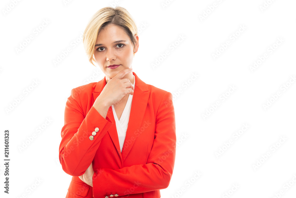 Young pretty business woman making think gesture. Young pretty business woman making think gesture.