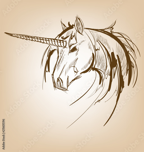 Unicorn sketch icon. Vector magic or mystic fairy horse horn and waving mane. Wild fantastic unicorn stallion symbol for equine sport or equestrian races contest exhibition