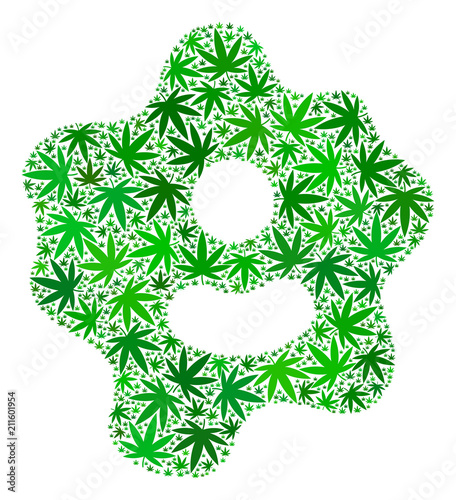 Amoeba collage of weed leaves in variable sizes and green shades. Vector flat weed symbols are composed into amoeba collage. Narcotic vector design concept.