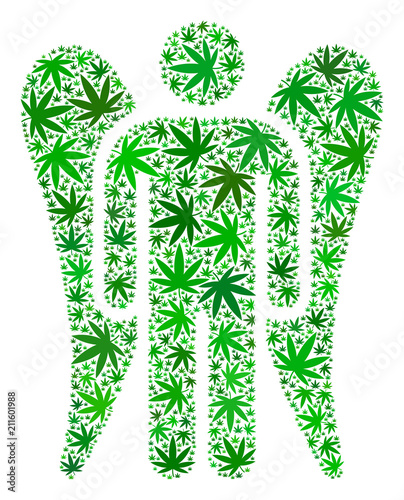 Angel mosaic of cannabis leaves in different sizes and green variations. Vector flat hemp leaves are combined into angel mosaic. Herbal vector illustration.