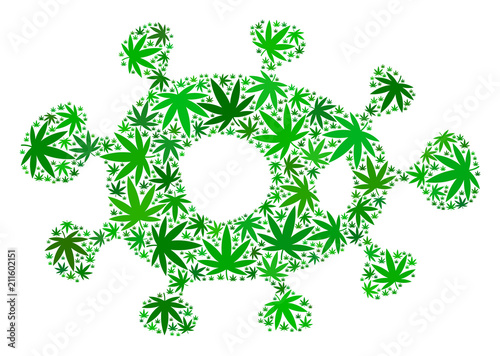 Bacteria collage of cannabis leaves in various sizes and green variations. Vector flat ganja icons are combined into bacteria collage. Addiction vector design concept.