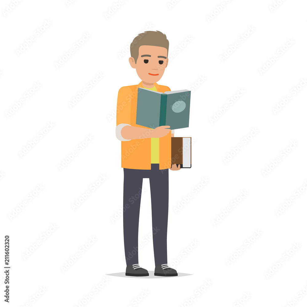Student Standing and Reading Textbook Flat Vector Student Standing and Reading Textbook Flat Vector