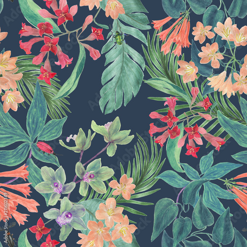 Wallpaper Mural Watercolor painting seamless pattern with tropical flowers and leaves Torontodigital.ca