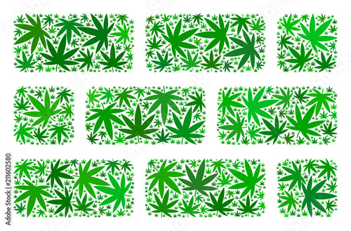 Brick wall collage of weed leaves in different sizes and green hues. Vector flat weed elements are united into brick wall collage. Narcotic vector design concept.