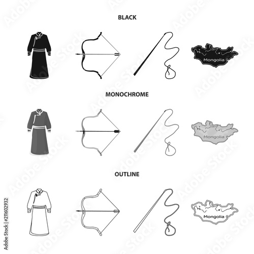 .mongol dressing gown, battle bow, theria on the map, Urga, Khlyst. Mongolia set collection icons in black,monochrome,outline style vector symbol stock illustration web.