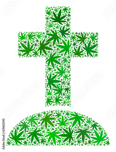 Cemetery composition of marijuana leaves in different sizes and green shades. Vector flat marijuana leaves are combined into cemetery illustration. Herbal vector design concept.