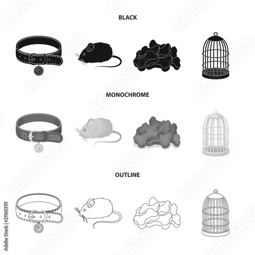 A collar, a forage, a toy, a cage and other products of the zoo store.Pet shop set collection icons in black,monochrome,outline style vector symbol stock illustration web.
