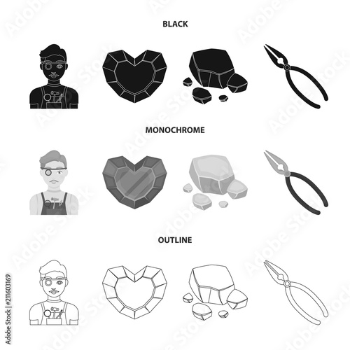 Jeweler, pliers, gold ore, garnet in the form of heart. Precious minerals and jeweler set collection icons in black,monochrome,outline style vector symbol stock illustration web.