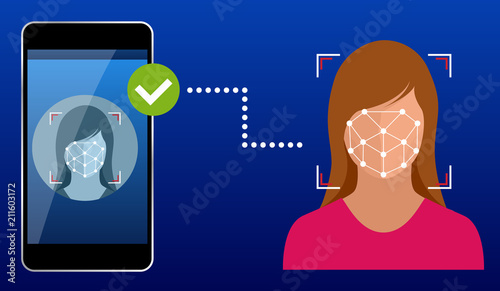 Unlocking smartphone with biometric facial identification, biometric identification, facial recognition system concept. Vector illustration for business, infographic, banner