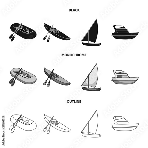 A rubber fishing boat, a kayak with oars, a fishing schooner, a motor yacht.Ships and water transport set collection icons in black,monochrome,outline style vector symbol stock illustration web.
