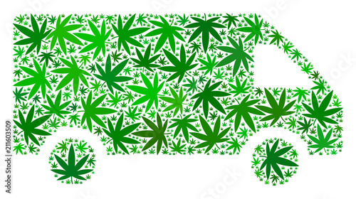 Delivery car composition of weed leaves in various sizes and green tinges. Vector flat grass leaves are composed into delivery car composition. Drugs vector illustration.