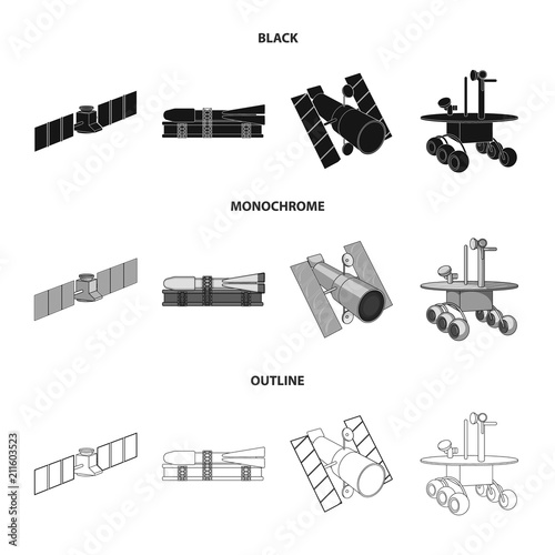 Fototapeta Naklejka Na Ścianę i Meble -  The space station in orbit, the preparation of the launch rocket, the lunar rover on the surface. Space technology set collection icons in black,monochrome,outline style vector symbol stock