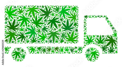 Delivery car composition of weed leaves in various sizes and green tints. Vector flat weed leaves are composed into delivery car composition. Drugs vector illustration.