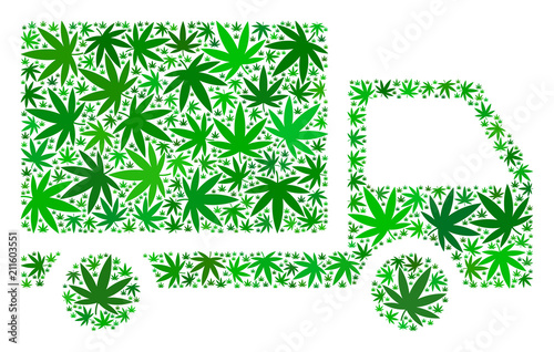 Delivery collage of marijuana leaves in variable sizes and green tones. Vector flat marijuana leaves are united into delivery shape. Addiction vector illustration.