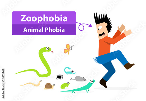 Zoophobia man shocked when see the animals, vector