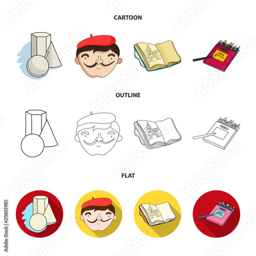 Geometric still life, a self-portrait of the artist, a notebook with drawings, a box of colored pencils.Artist and drawing set collection icons in cartoon,outline,flat style vector symbol stock