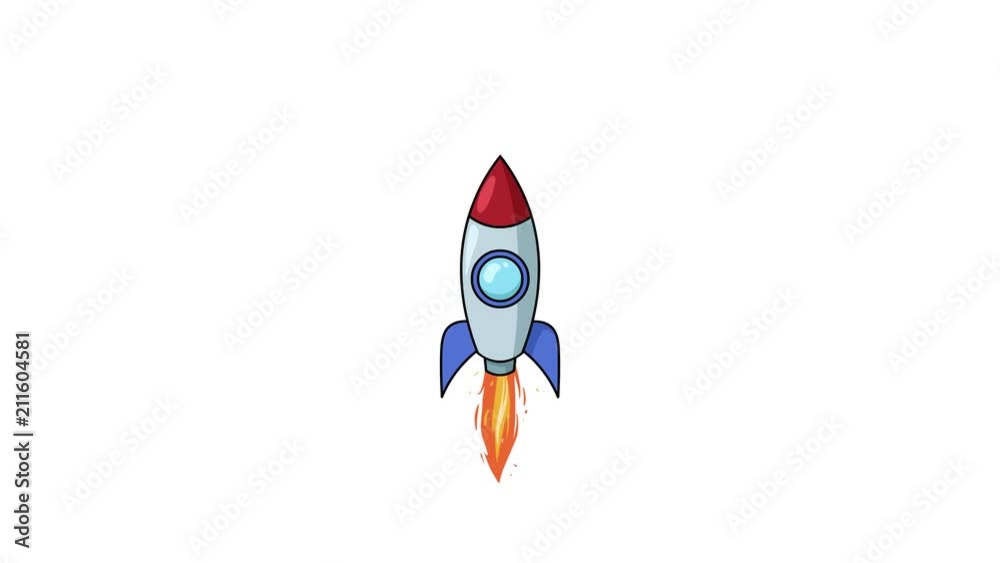 Cartoon rocket ship flying up on white background. Isolated flat animation