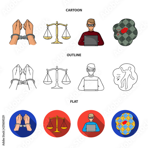 Handcuffs, scales of justice, hacker, crime scene.Crime set collection icons in cartoon,outline,flat style vector symbol stock illustration web.