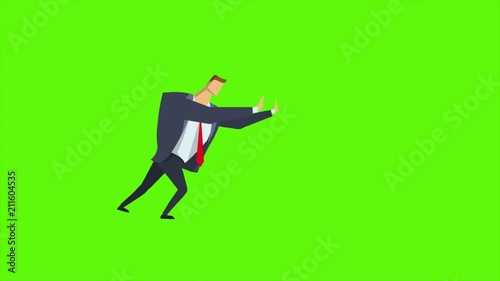 Businessman pushing something on green screen. Animated flat character. Seamless loop animation.
