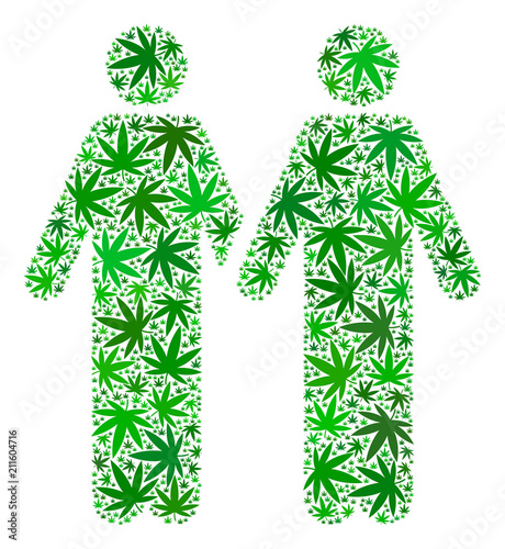 Gay pair composition of cannabis leaves in variable sizes and green variations. Vector flat marijuana leaves are united into gay pair composition. Herbal vector design concept.