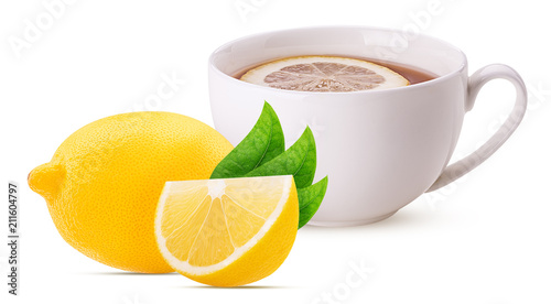Hot black tea with lemon one slice with leaf