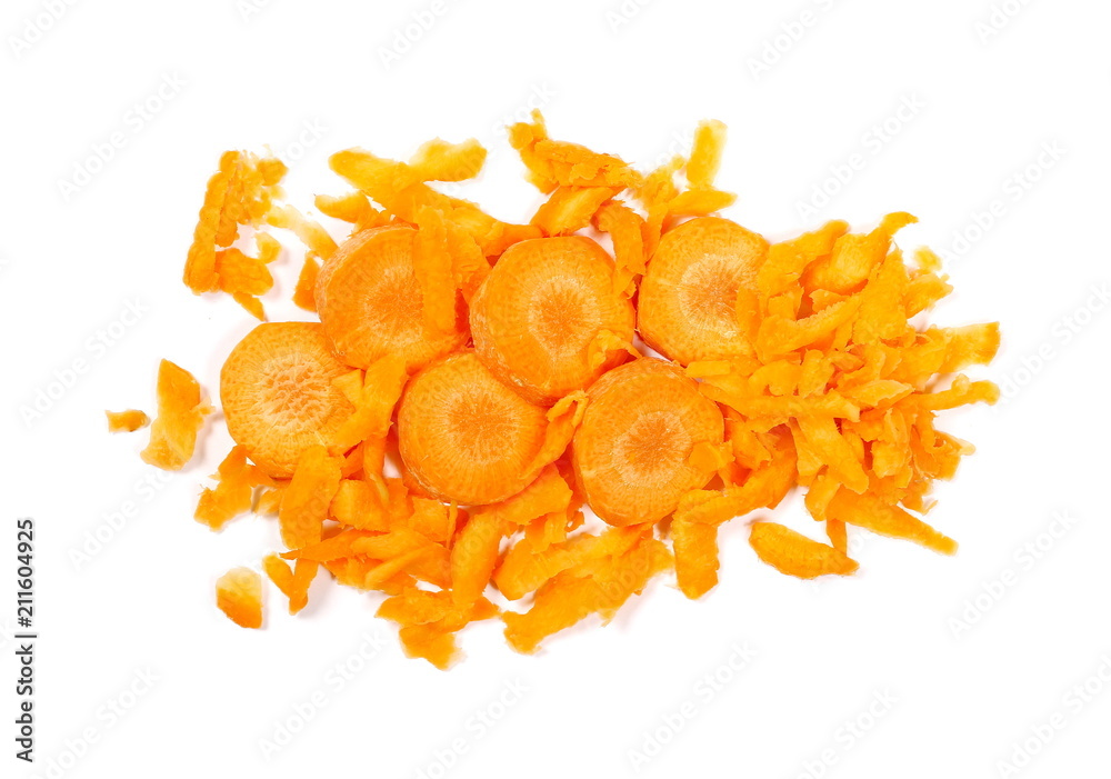 Fresh shredded carrots isolated on white background, top view Fresh shredded carrots isolated on white background, top view