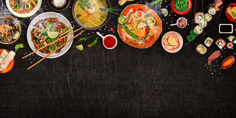 Various of asian meals on rustic background , top view , place for text.